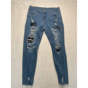 SHEIN Distressed Graphic Patch Skinny Jeans S Blue Eat Chicken CJB Street